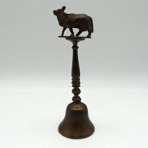 Vintage Indian 7" Cast Metal Brass Temple Bell Braham Bull Finial Ornate Handle